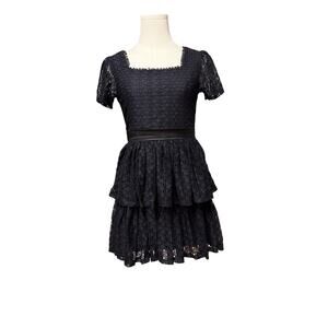 Aqua Girls Black Dress NWT Bloomingdale's Tiered Eyelet Stretch Cap Sleeve-10/12